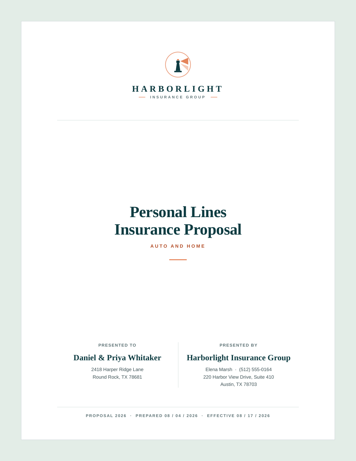Cover of the Personal Lines Proposal sample